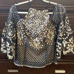 VENUS Black Tan Illusion Lace Cold Shoulder Halter Bell Sleeves Top Blouse